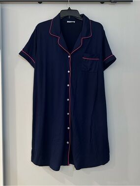 Classic Navy Short-Sleeve Button-Front Nightgown with Pink Piping